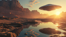 UFO Hovering Over Desert Landscape At Sunset.