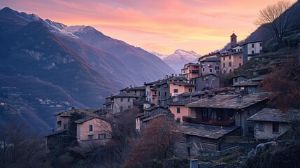 Wall Mural -  a group of buildings on the side of a mountain with a sunset in the back ground and a mountain range in the distance with snow capped mountains in the foreground.