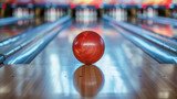 Fototapeta  - Red bowling ball on lane ready for action.