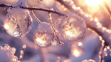  A Close Up Of A Tree Branch With Three Ornaments Hanging From It's Branches With Water Droplets On The Branches And The Sun Shining Through The Branches Behind It.