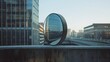  a round mirror sitting on top of a cement wall next to a tall building with lots of windows and a sky scraper in the middle of the reflection of the mirror.