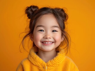 little Asian girl with colorful sweatshirt in professional colorful photo studio background