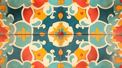 Poster -  a close up of a tiled wall with a design on the bottom of the wall and the bottom of the wall painted in blue, red, yellow, green, orange, and white, and red colors.