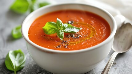 Poster -  a white bowl filled with tomato soup and garnished with a leafy green garnish on top of a table with a spoon and a white napkin.