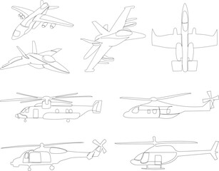 Wall Mural - combat helicopters and airplanes, continuous line drawing vector