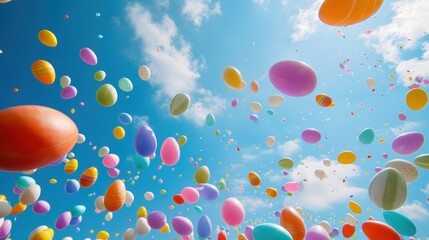 Wall Mural -  a bunch of balloons floating in the air with a blue sky in the back ground and clouds in the back ground and in the background, there is a lot of balloons floating in the air.