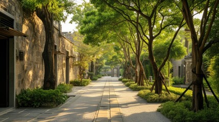   a street lined with trees and bushes next to a building with a clock on the front of the building and a clock on the side of the building on the other side of the street.