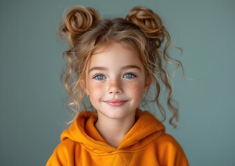 little caucasian girl with colorful sweatshirt in professional colorful photo studio background