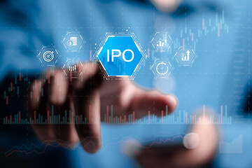 Wall Mural - IPO, Initial public offering concept. Businessman touch virtual IPO word with stock graph for boosting the growth by IPO process.