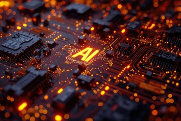 Leinwandbilder - A glowing AI symbol and complex circuit board, illustrating the integration of artificial intelligence technology with electronic hardware.