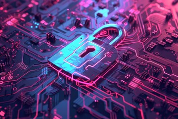 Fototapete - Cyber security concept. Padlock on circuit board background