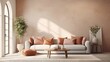 Modern and cozy loft living room with beige sofa, terra cotta pillows, and arched window