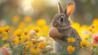 Happy Easter holiday celebration banner greeting card background - Easter bunny rabbit holding an easter egg in his paws on fresh meadow with spring flowers