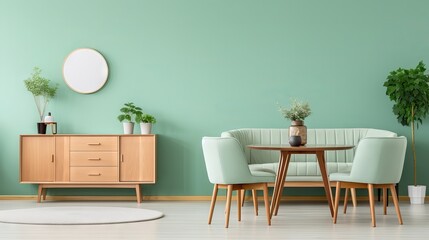 Mint chairs and wooden table in cozy living room with green wall and mid-century furniture