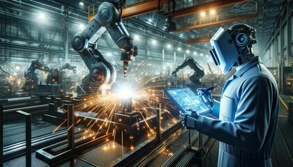 Aufkleber - a futuristic concept where robots replace humans working in the automotive industry