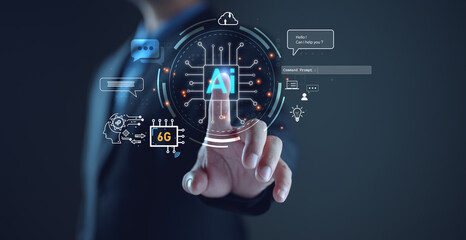 Aufkleber - Ai tech, businessman show virtual graphic Global Internet connect robot Chat with AI, Artificial Intelligence. Using command prompt for generates something, Futuristic technology transformation.