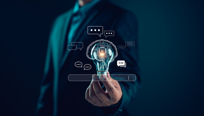 Aufkleber - Ai tech, businessman show virtual graphic Global Internet connect robot Chat with AI, Artificial Intelligence. Using command prompt for generates something, Futuristic technology transformation.