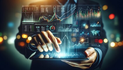Aufkleber - a person holding a transparent futuristic tablet displays graphs and financial data with an upward trend arrow showing growth