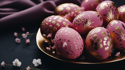  A vibrant easter celebration comes to life with a platter of delicately adorned pink and gold eggs, adorned with flowers and plants in shades of purple