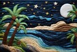 sea, ocean, beach, island, coconut tree, sky, night, stars, moon, dark, land scape, tree, calm, beautiful, felt art, wallpaper, decoration, fabric, handicraft, nature, cartoon, wave, illustration, 