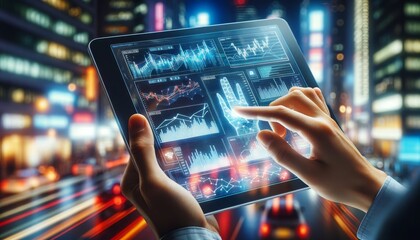 Aufkleber - a person holding a transparent futuristic tablet displays graphs and financial data with an upward trend arrow showing growth