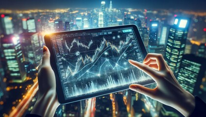 Aufkleber - a person holding a transparent futuristic tablet displays graphs and financial data with an upward trend arrow showing growth