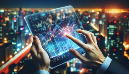 Aufkleber - a person holding a transparent futuristic tablet displays graphs and financial data with an upward trend arrow showing growth