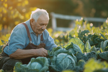 man picking cabbage vegetable at field.