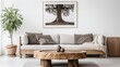© Ameer - Wooden stump coffee table and grey sofa in minimalist living room with poster frame on white wall. Nordic style home decor.