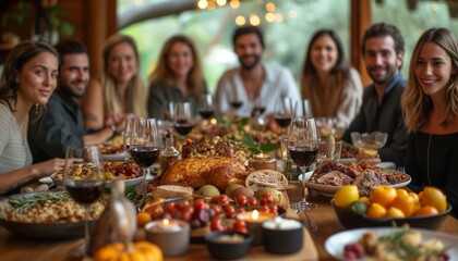 Feast Gathering: Close-Up of Group Enjoying Meal Together at Dining Table