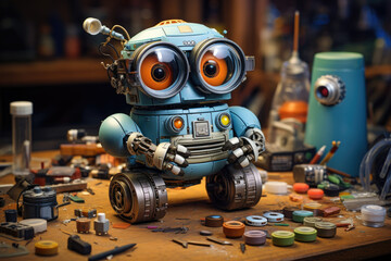 Poster - Building a simple robot from a DIY electronics kit, exploring technology and innovation. Concept of educational projects and tech hobbies. Generative Ai.