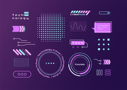 Cyberpunk graphic elements set.  Retro futuristic shapes for banners design, future technology concepts. Vector techno illustration. Templates for electronic app, sci-fi backgrounds.
