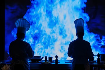 Wall Mural - chefs silhouette against a backdrop of a large blue flame