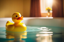 A Small, Yellow Rubber Duck Is Floating In The Bathroom. Sunlight From The Window. Bathing A Child, Playing In The Bathroom. Made With The Help Of Artificial Intelligence. High Quality. Background, Wa