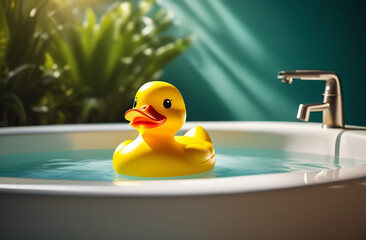 A small, yellow rubber duck is floating in the bathroom. Sunlight from the window. Bathing a child, playing in the bathroom. Made with the help of artificial intelligence. High quality. Background, wa