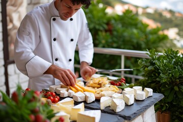 Wall Mural - chef arranging cheese platter on a terrace