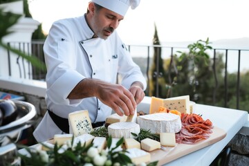 Wall Mural - chef arranging cheese platter on a terrace