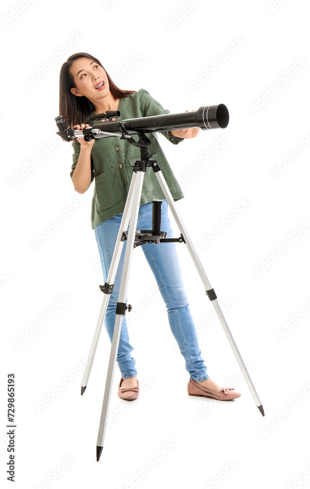 Young Asian woman using telescope on white background