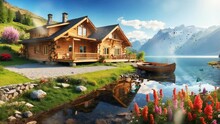 A Wooden House With A Lake, With A Garden In The Yard And Beautiful Mountains. Seamless Looping 4K Video Background.