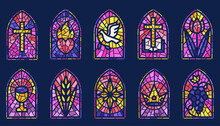 Church Glass Windows. Stained Mosaic Catholic Frames With Cross, Book Dove Heart And Religious Symbols. Vector Set Of Gothic Christian Arches On Dark Background