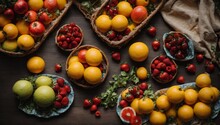 Fruits And Vegetables In Basket On Wooden Background