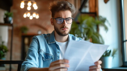 Young employee showing his salary document, disappointed facial expression, financial status, frustration, income, job