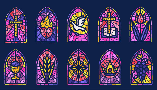 church glass windows. stained mosaic catholic frames with cross, book dove heart and religious symbo