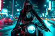 A cyberpunk girl rides around the city on a motorcycle, Motorcycle on the road. driving around the city, Motion Effect. Neon city