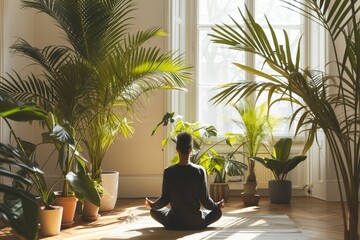 Sticker - bright living room with a mix of potted palms, person meditating