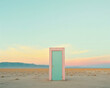 Surreal lone door standing in a desert, evoking a sense of mystery.