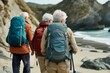 seniors with backpacks exploring the coastline