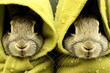 © Maroubra Lab - Two funny rabbits wearing hoodies. Rainy spring weather. Happy cute animals.