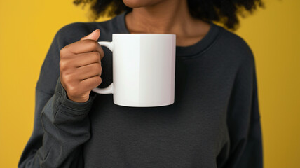 A Woman Is Holding A White Coffee Mug In Her Hand