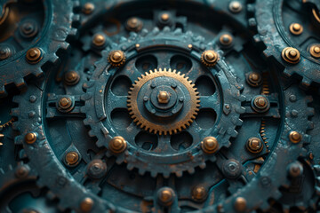 Poster - A labyrinth of interconnected gears and cogs, symbolizing the intricate workings of a well-thought-out and complex idea. Concept of intricate ideation. Generative Ai.
